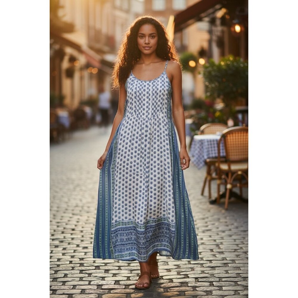 Gap Boho Sun Dress With‎ Side Slits Blue White Floral Blouson Maxi (No Belt) S